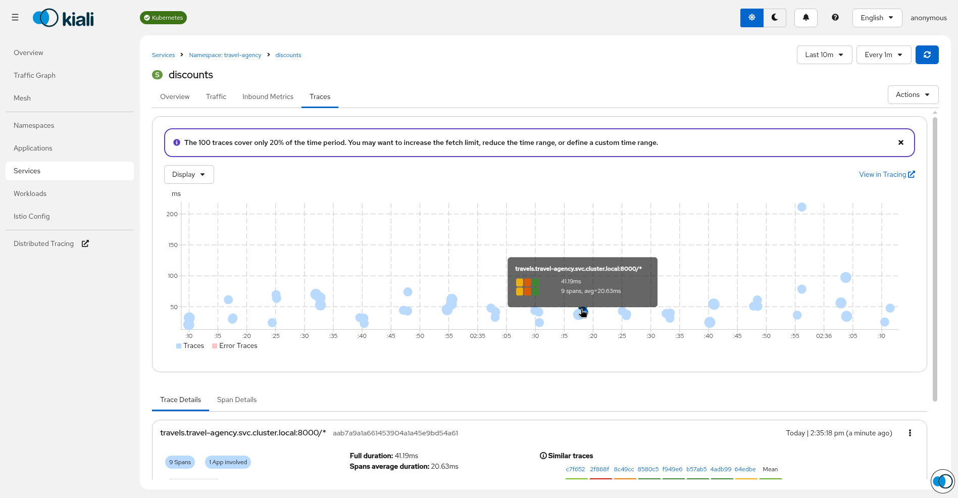 Service traces in Kiali's Service details page